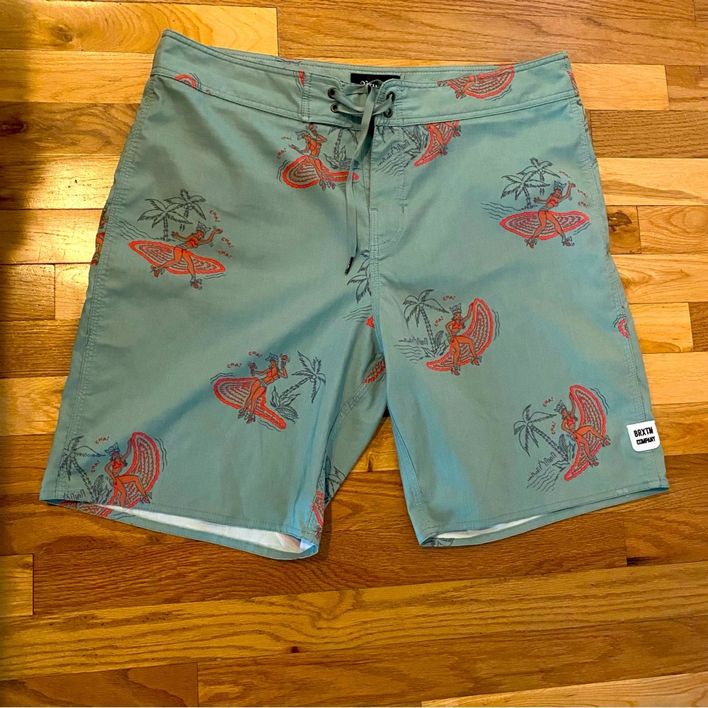 Brixton Men's Green Hula Girl Surf Print Swim Shorts 34